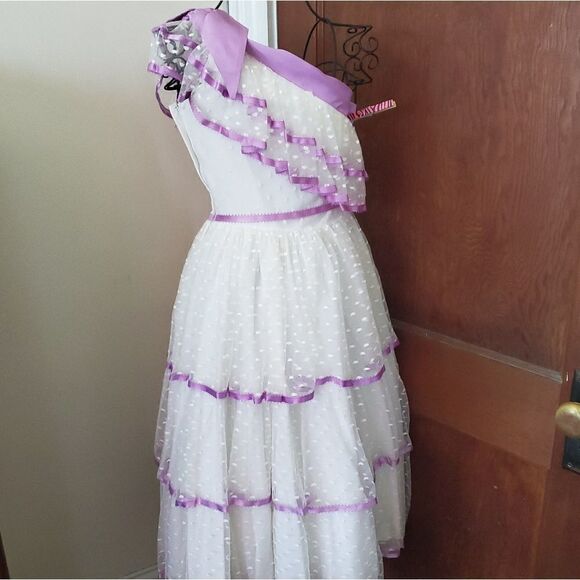 VINTAGE 80s‎ purple ruffle one shoulder formal lace dress S - Picture 7 of 8